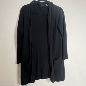 Tahari Black Ribbed Knit Tunic Length Open Front Cardigan Sweater Pockets Medi